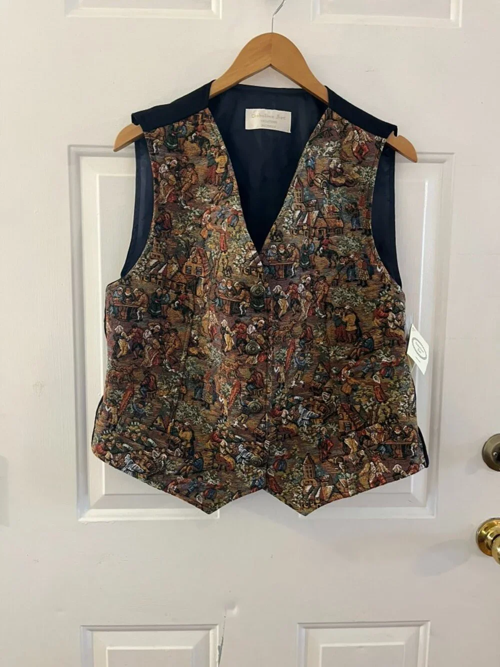 Gobelins Art Creations Medieval Tapestry Brussels Village Scene Vest Sz XXL